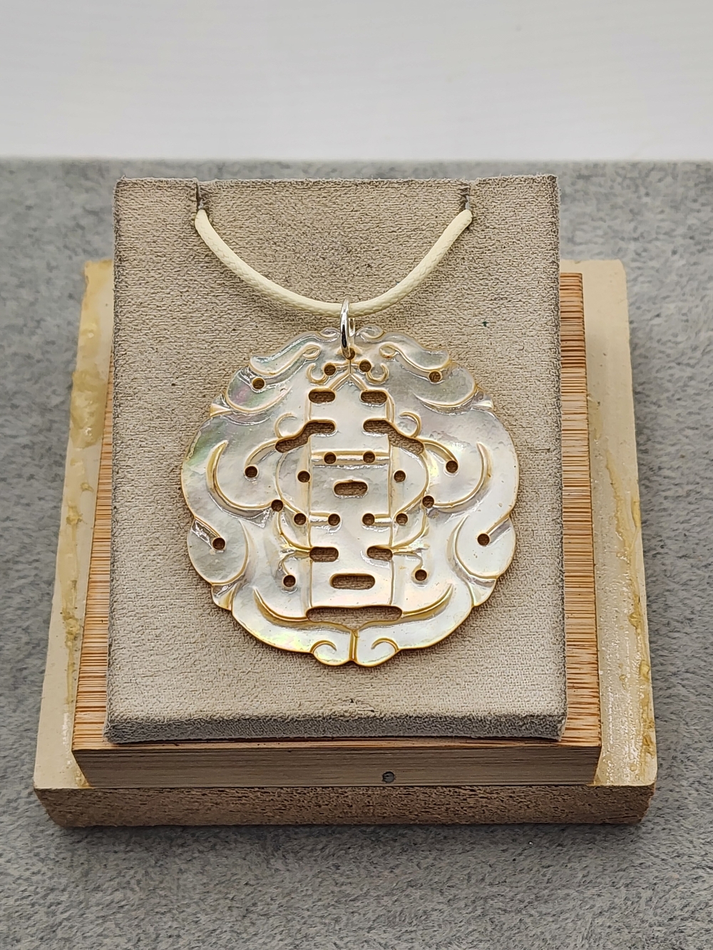 Delicate Mother-of-Pearl Double Happiness Pendant Necklace - Ivory Cord
